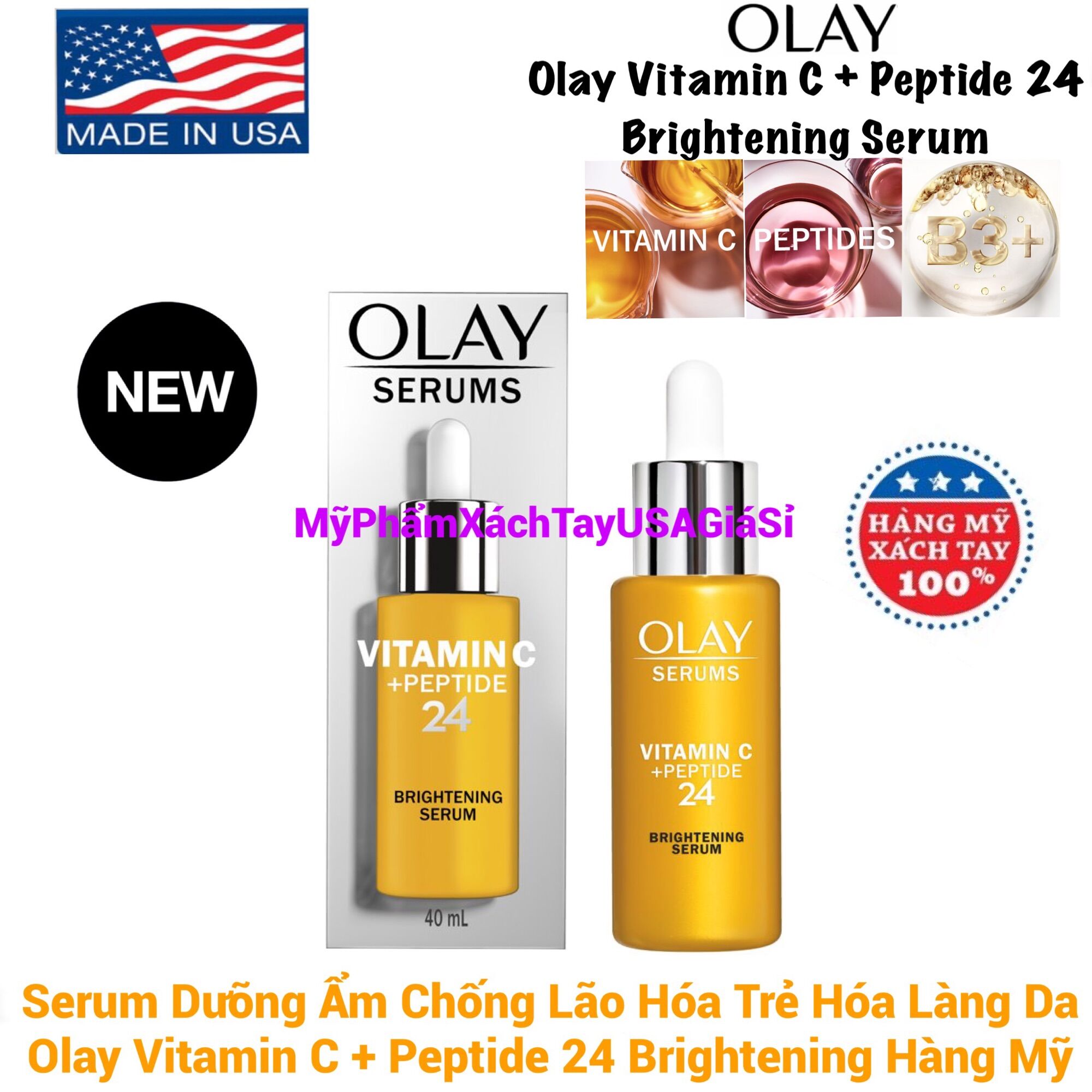 Serum dưỡng ẩm chống lão hoá trẻ hóa làng da Olay vitamin c + peptide 24 brightening 40ml USA