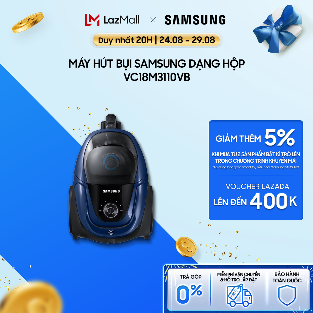 Máy hút bụi samsung dạng hộp 360w turbine không xoắn tóc màu xanh dương vc18m3110vb/sv