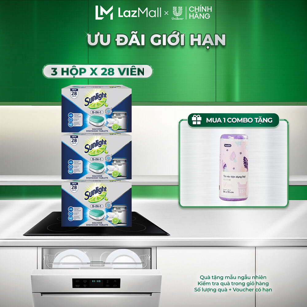 Combo 3 Hộp Viên Rửa Chén Bát Sunlight 5 In 1 Cho Máy Rửa Chén Bát (28V/Hộp) (bao bì tùy lô nhập hàng)