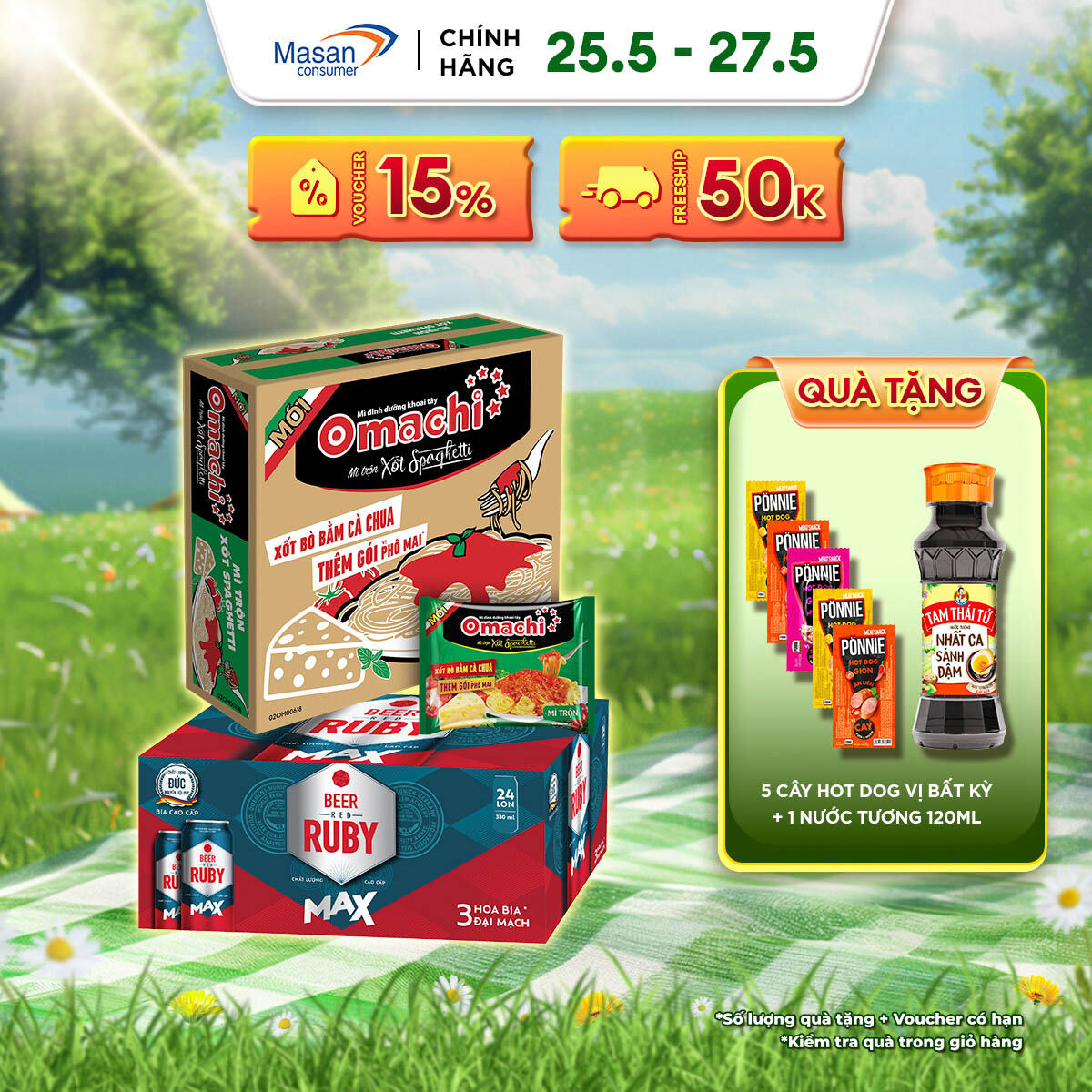 [25-27.5 Voucher 18% CHO ĐƠN TỪ 199k]Combo 1 thùng Bia Red Ruby Max 24lon x 330mlvà 1 thùng Mì Omach