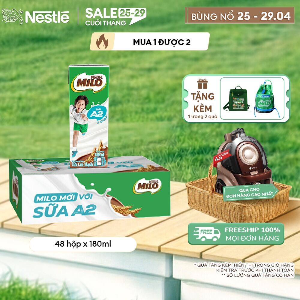[ƯU ĐÃI THÁNG 4] [Giao hàng toàn quốc] Thùng Sữa Lúa Mạch Nestle MILO A2 MỚI 48 hộp (4x180ml)