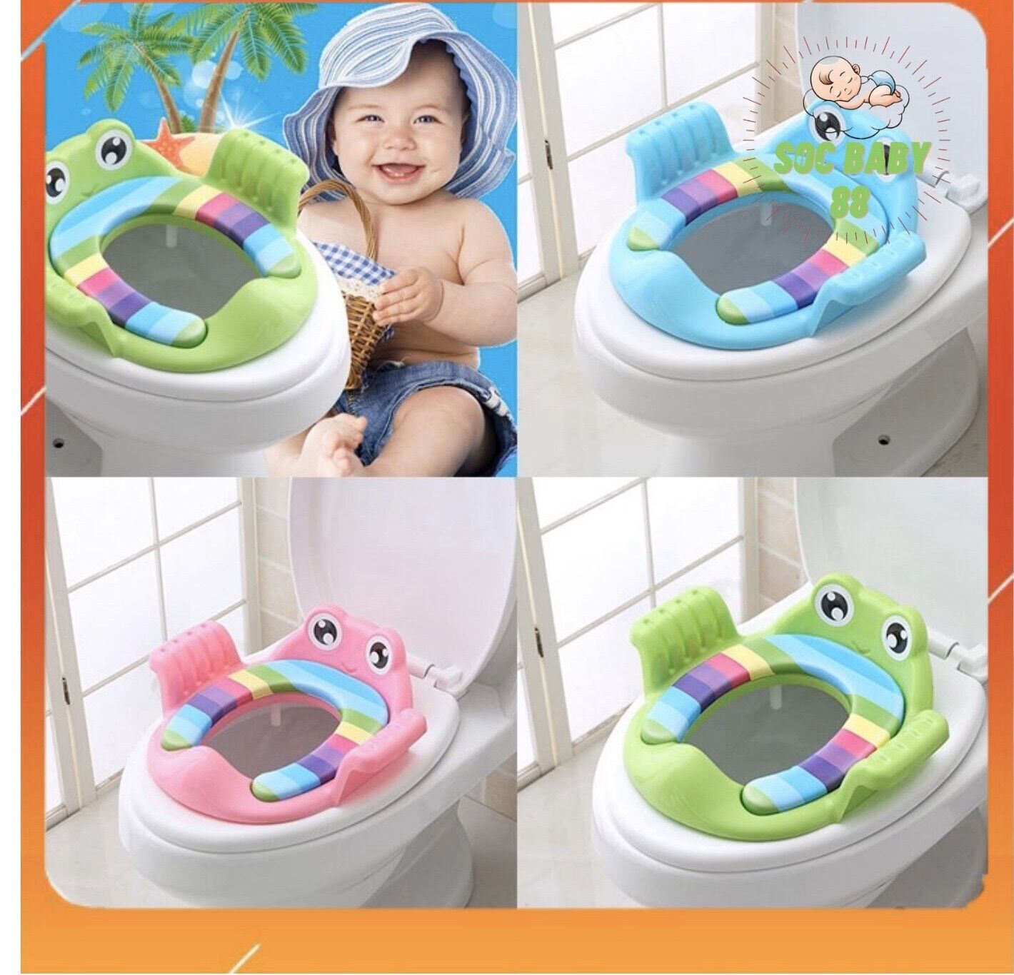 Bệ lót thu nhỏ bồn cầu có tay vịn hình chú ếch cho bé yêu, bệ thu nhỏ bồn cầu, miếng lót bồn cầu soc baby 88