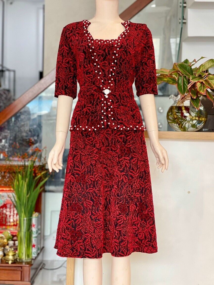 Đầm dự tiệc trung niên thun kim sa co giãn