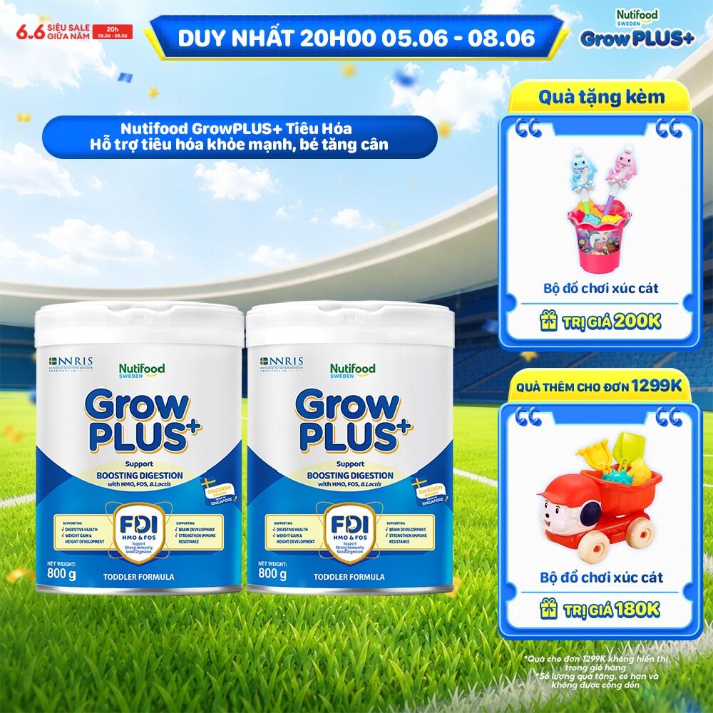 Combo 2 Sữa bột Nutifood Sweden GrowPLUS+ Tiêu Hóa (Xanh Nhạt) - Hỗ trợ tiêu hóa khỏe mạnh, bé tăng cân (Lon 800g)