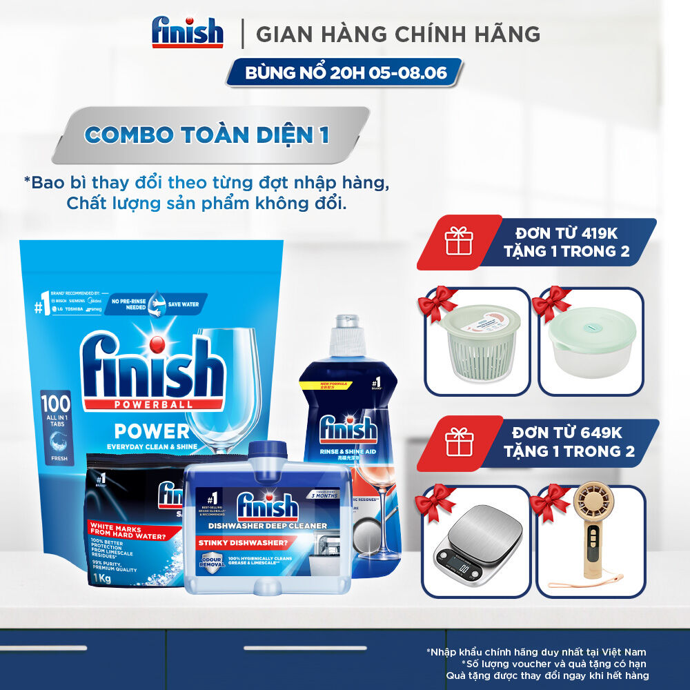 Combo Finish toàn diện 1: Everyday Shine  Clean + Nước Làm Bóng Finish 500ml + Muối Rửa Chén Finish Salt túi 1kg + Dung dịch vệ sinh máy