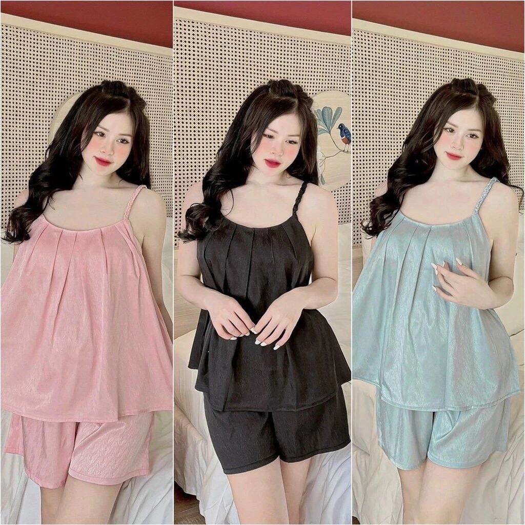 Đồ bộ ngủ 2 dây phi lụa đùi ngắn dễ thương cho nữ