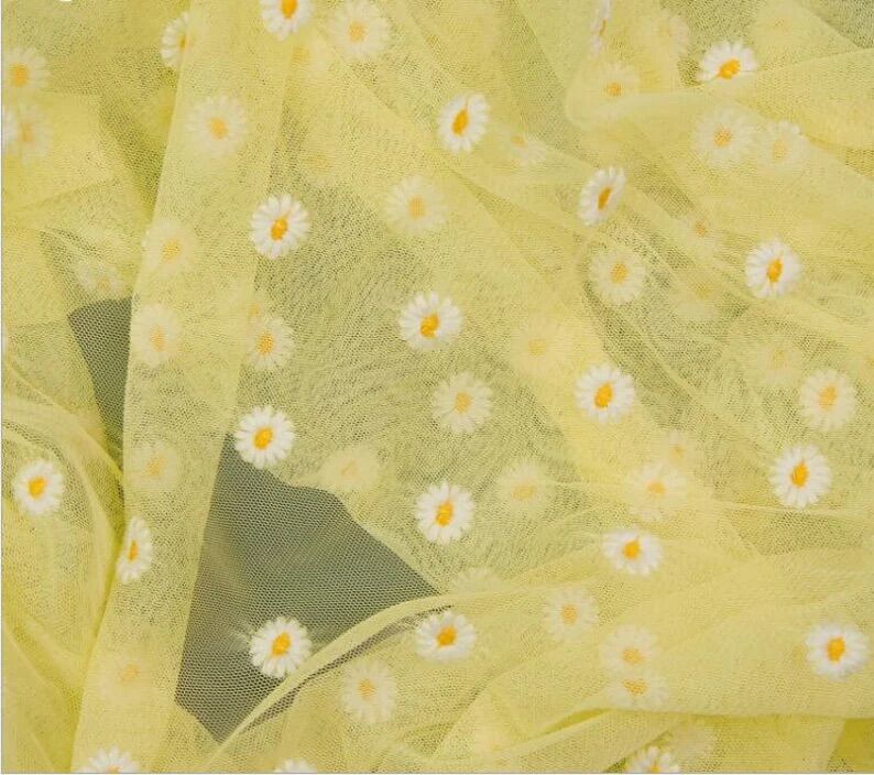 🌼 Vải voan lưới thêu hoa cúc 🌼 {GIÁ 3m}