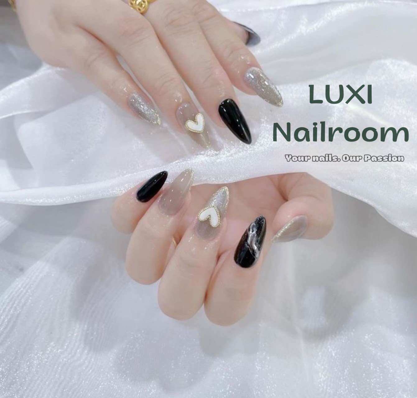 Nailbox - móng úp thiết kế mẫu đen, mắt mèo, charm trái tim