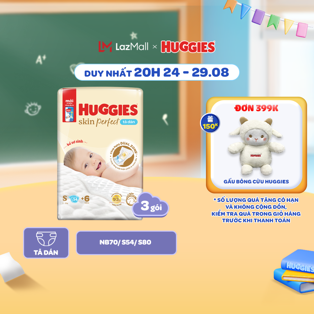 Thùng 3 gói tã dán sơ sinh huggies skin perfect nb70/s54/s80 với 2 vùng thấm giảm kích ứng da
