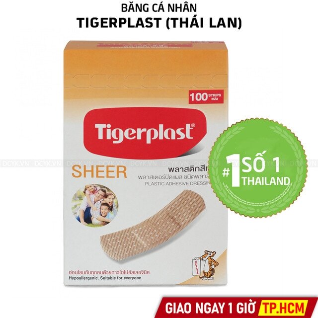 Băng keo cá nhân, băng keo vết thương, băng co giãn tigerplast sheer, hộp 100 miếng, made in thailand