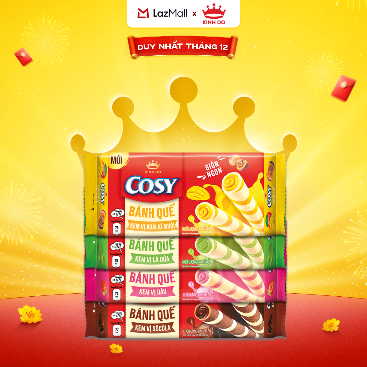  Bánh Quế Cosy 4 Vị  Socola Dâu Lá Dứa Xoài Xí Muội  Combo 4 Hộp X 117.6 126G 