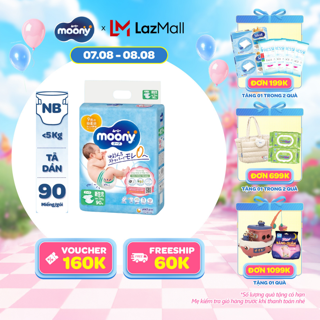 [20g 7-10.8 QUÀ TẶNG SLCH] Tã dán cao cấp Moony Newborn 90 miếng - Nhập khẩu từ Nhật Bản