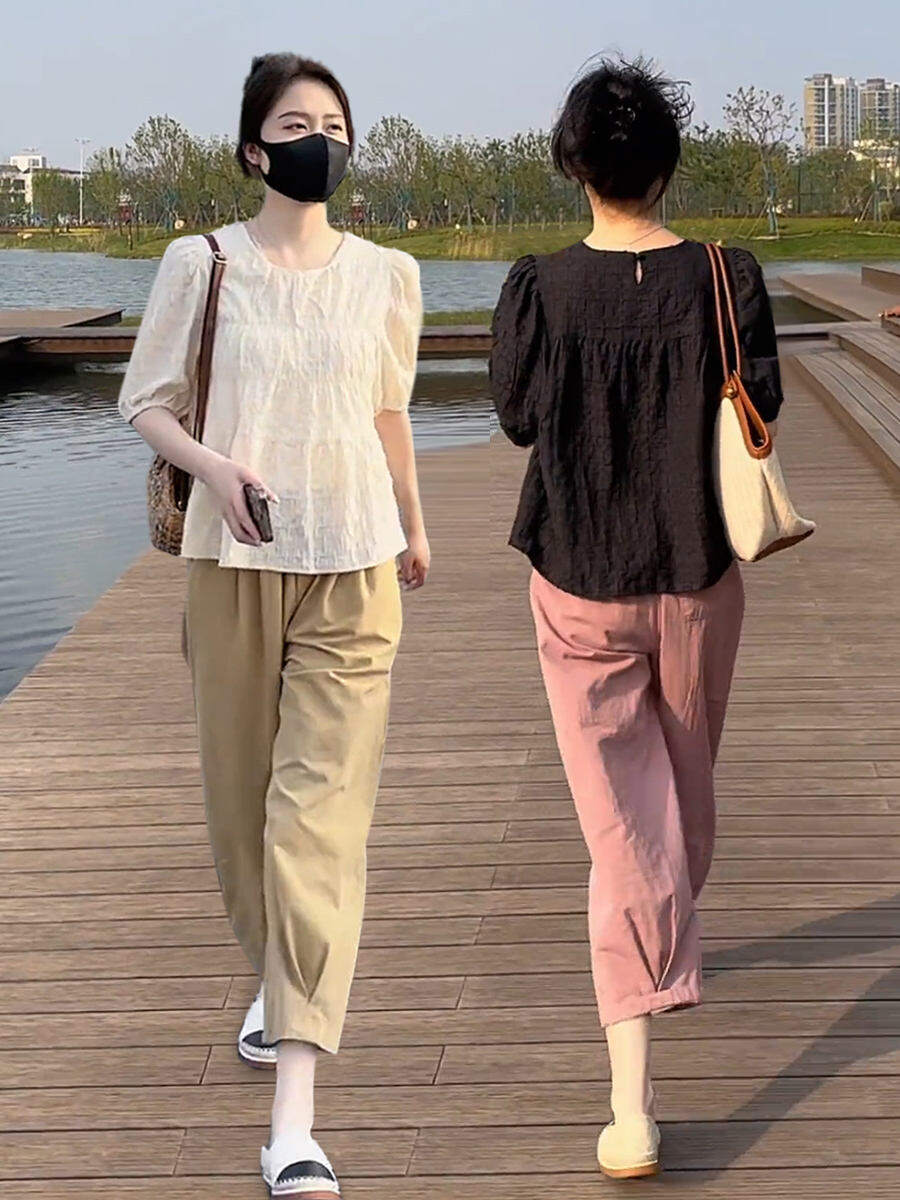 TIANQIANHUI | Áo Blouse Tay Bồng Voan Nữ Mùa Hè Dễ Thương Ngắn