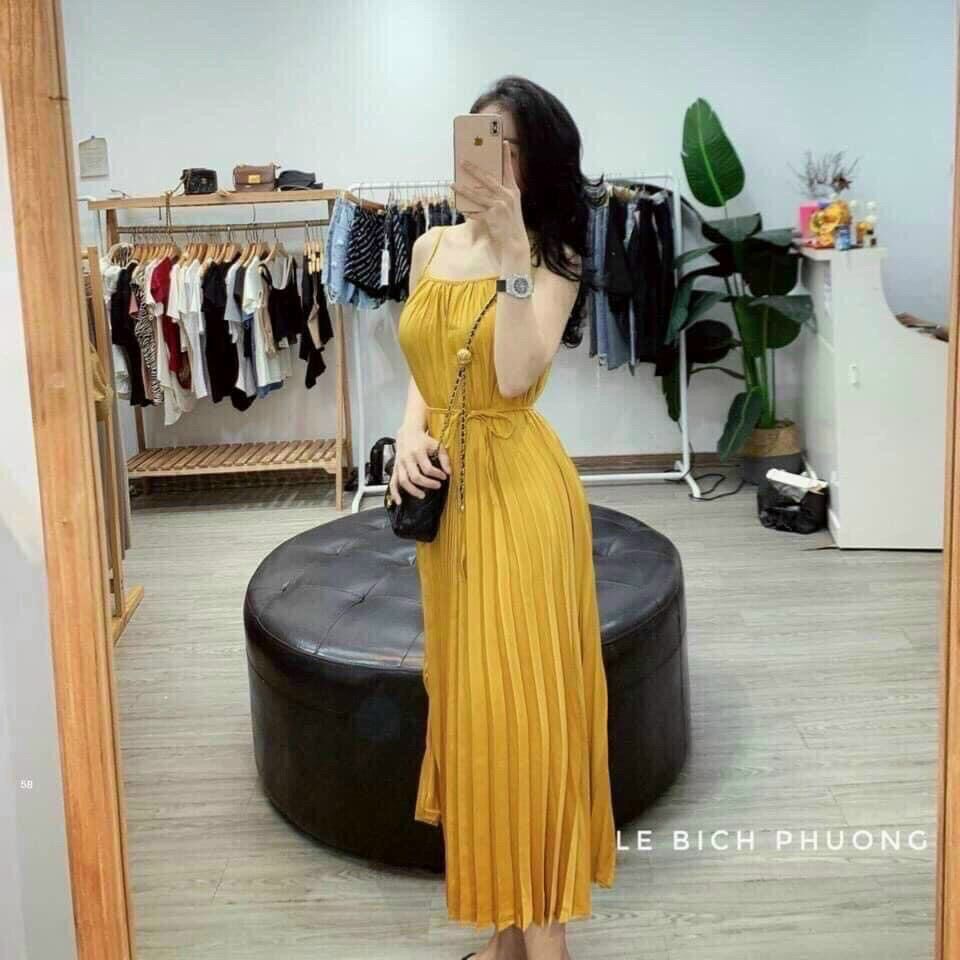 [HCM]Đầm maxi hai dây dập ly chất phi bóng ( ảnh thật )