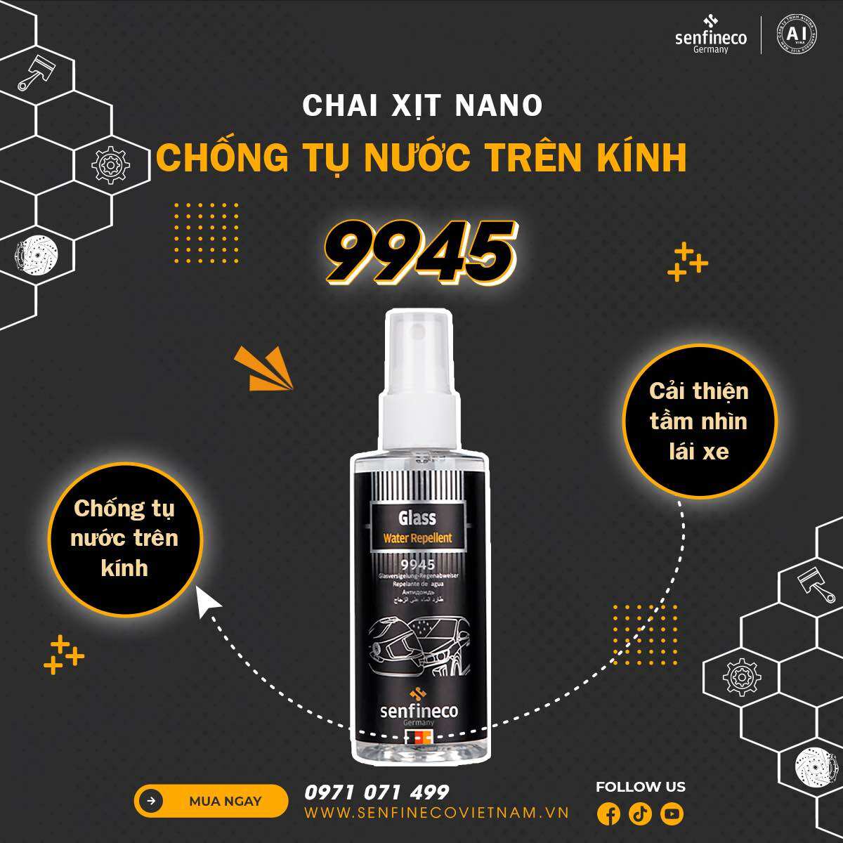 Xịt Chống Tụ Nước/ Chống Bám nước trên Kính Ô TÔ SENFINECO 9945 Làm Trôi Nước Nhanh Tiện Dụng 100ml