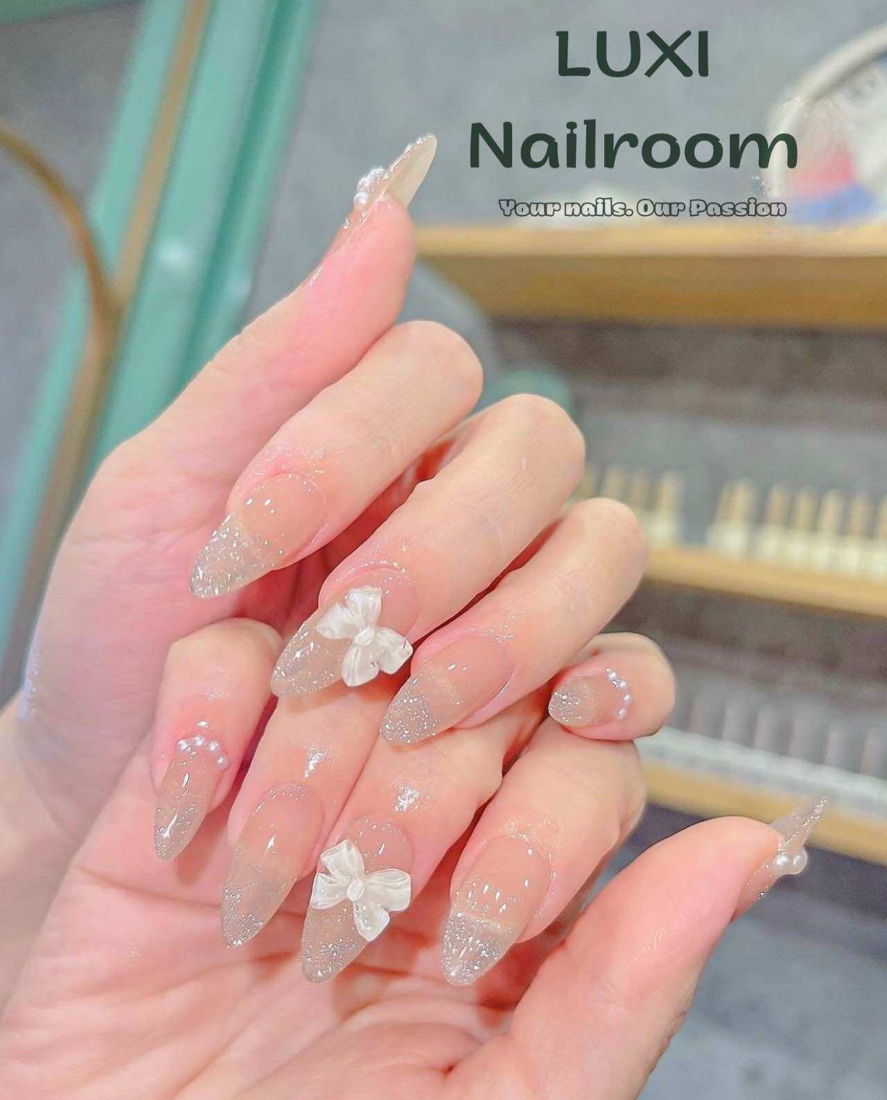 Nailbox - móng úp thiết kế mẫu tiểu thư thạch hồng nhũ flash charm nơ đính châu