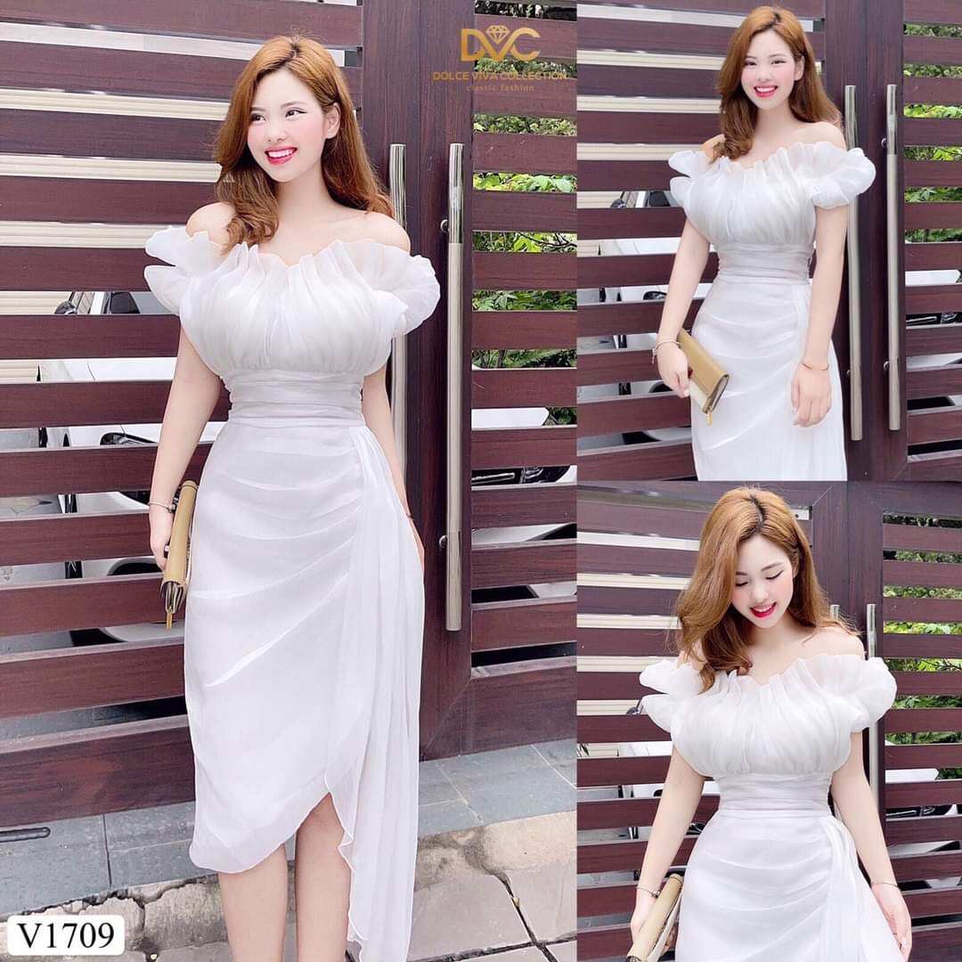 V1709 váy trắng trần vai