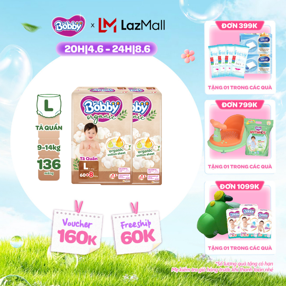 [QUÀ TẶNG HẤP DẪN TỪ 9-10.6][COMBO 2] [TẶNG KÈM 16 MIẾNG] Tã quần cao cấp Bobby Organic chăm sóc dịu nhẹ từ thiên nhiên L60