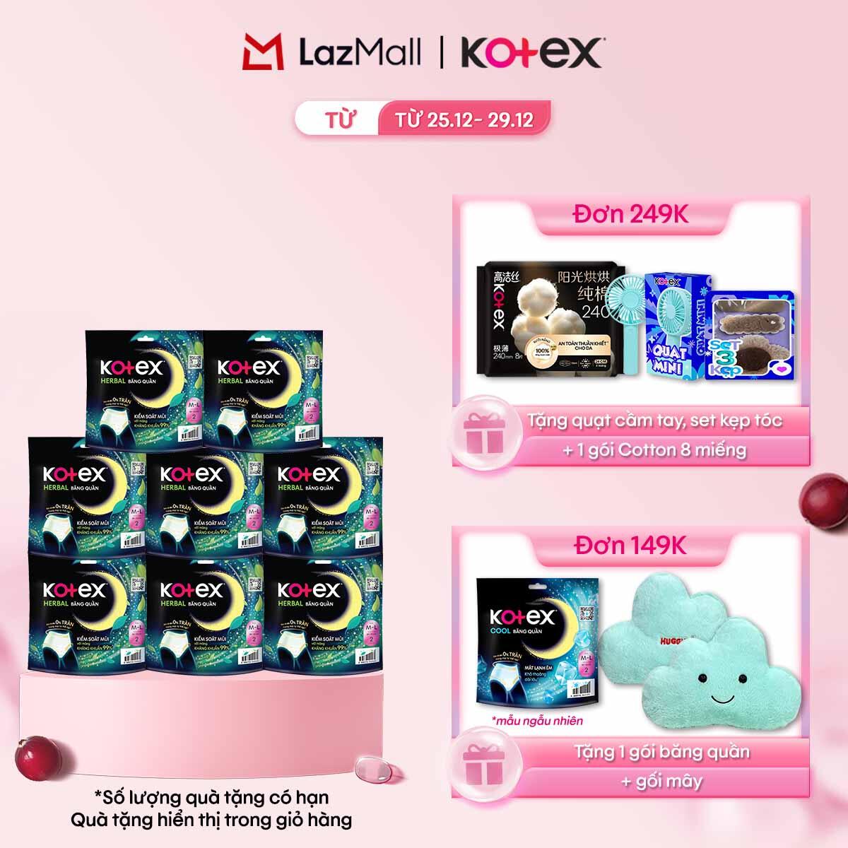   CHỈ 20h 31.12-03.01 QT Đơn 69K 149K 249K  Combo 8 BVS Kotex Ban Đêm Thảo Dược dạng quần cỡ M L 2x8 miếng 
