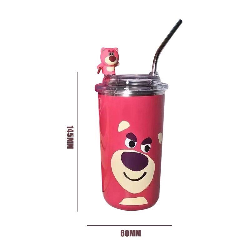 Bình Giữ Nhiệt Gấu Hống🍀FREESHIP🍀Ly Nước Gấu Dâu - Cốc Giữ Nhiệt Gấu Lotso Hồng Kèm Ống Hút