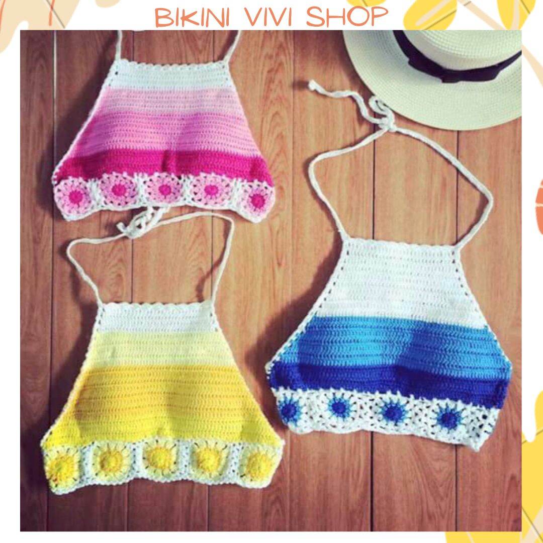 Áo len móc đi biển, bikini len đan viền hoa màu vàng, cam, đỏ, hồng