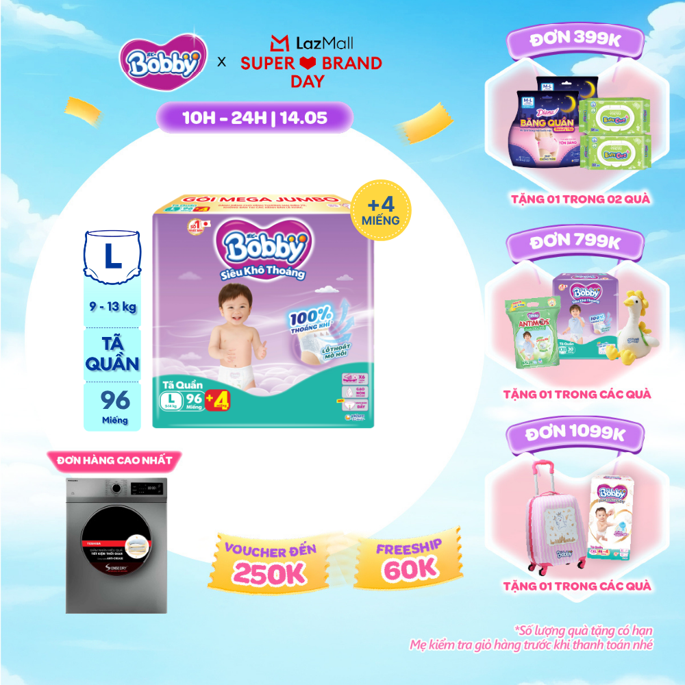 [SALE GIỮA THÁNG tặng QUÀ TO-SLCH][TẶNG MIẾNG NGẪU NHIÊN] Tã/bỉm quần Bobby 3mm Mega Jumbo Gạo non Giảm nhiệt L96