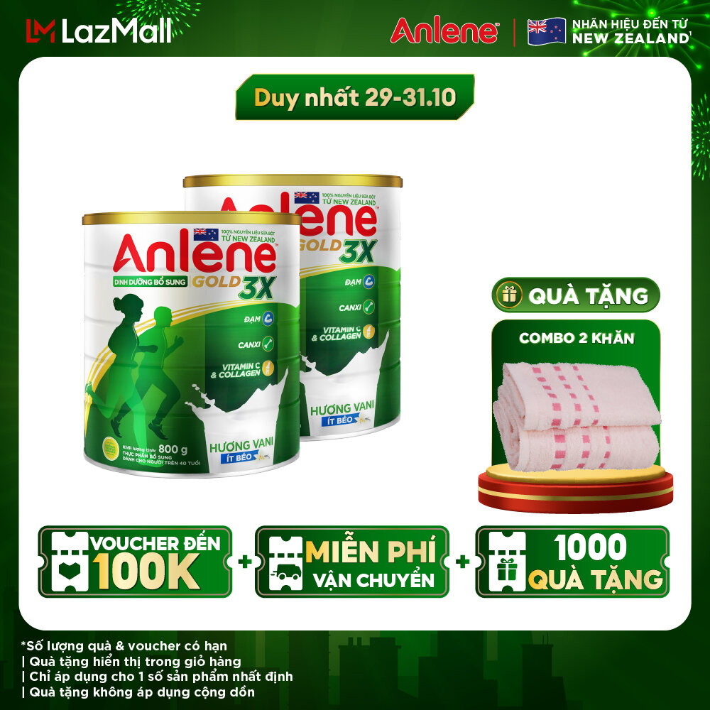 [ĐƠN 649K TẶNG BỘ 2 KHĂN] Combo 2 Lon sữa bột Anlene Gold 3X Vanilla 800g