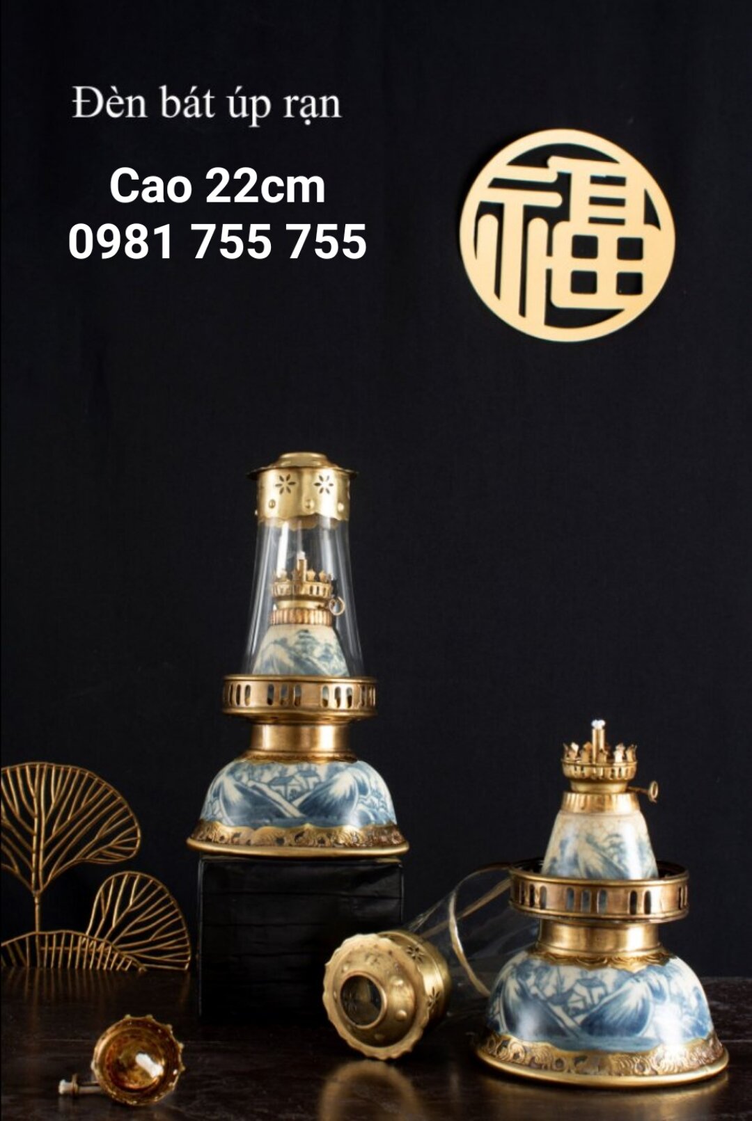 Đèn Thờ Dầu Men Rạn Giả Cổ Bọc Đồng Sứ Bát Tràng Cao Cấp_Đèn dáng Bát úp
