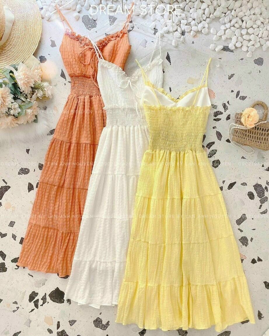 Đầm maxi đi biển hai dây nhúng eo có mút ngực