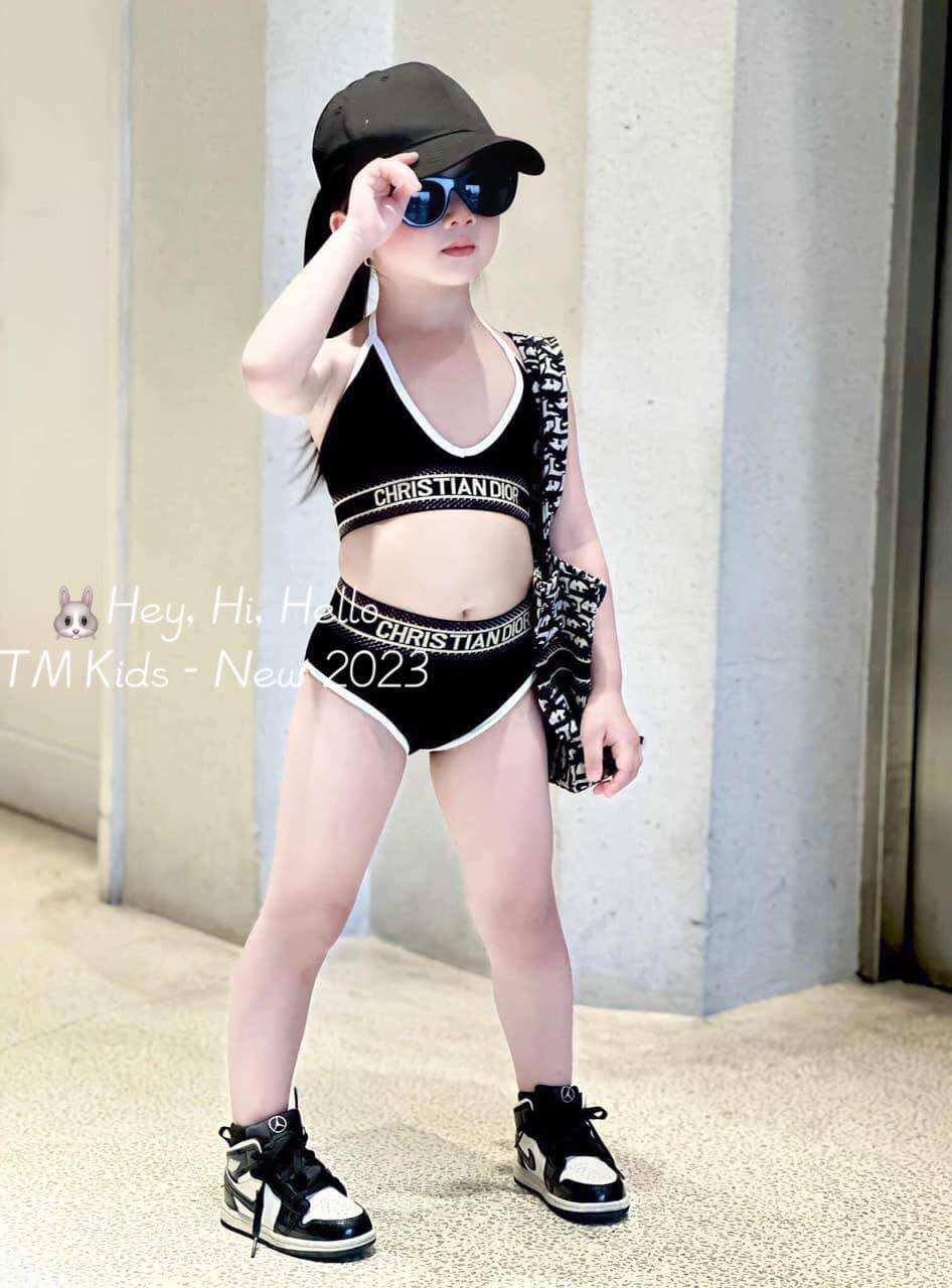 Đồ bơi 2 mảnh đen viền trắng xinh bé gái |bikini cho bé