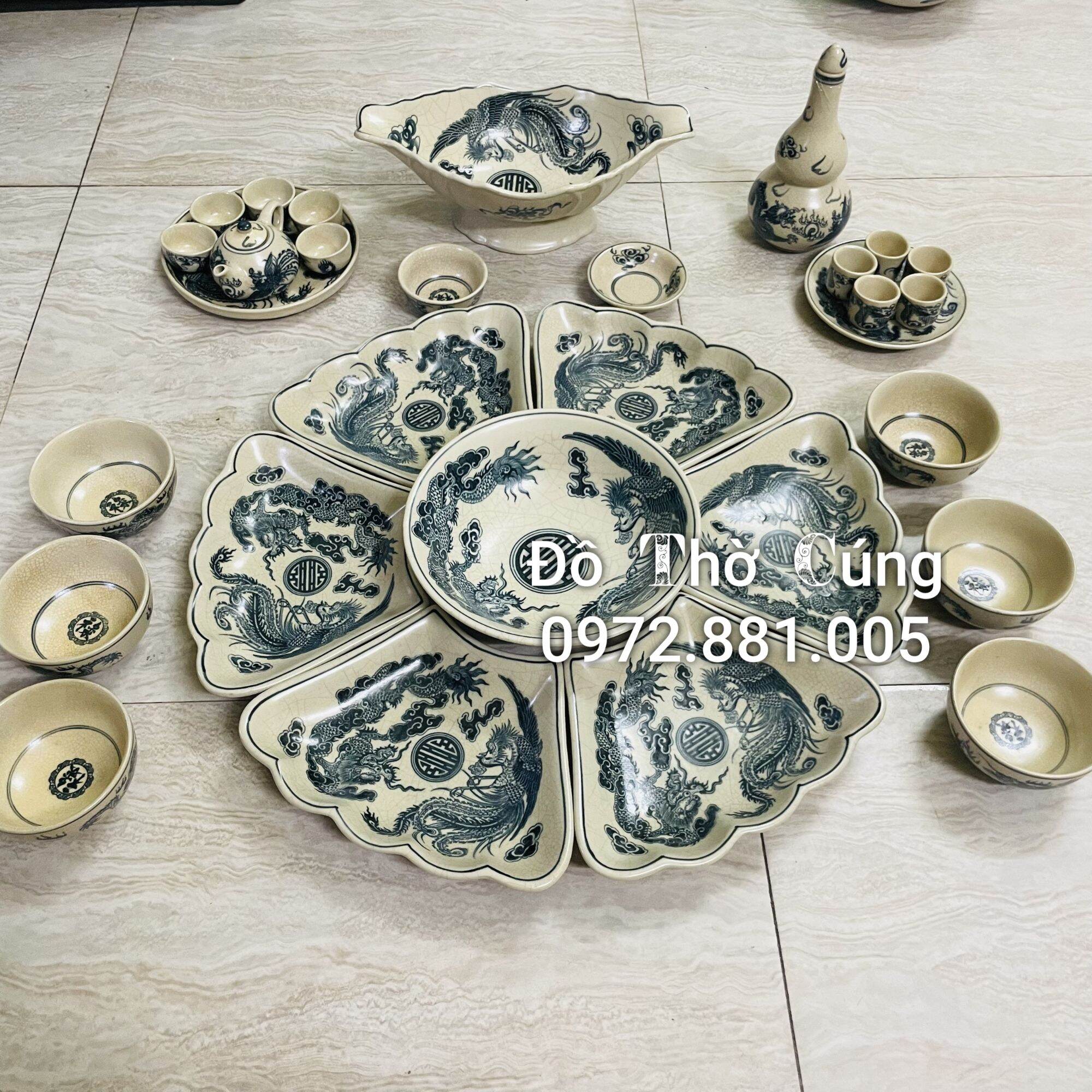 Bộ bát đĩa bày cơm cúng hoa mặt trời men rạn Đen
