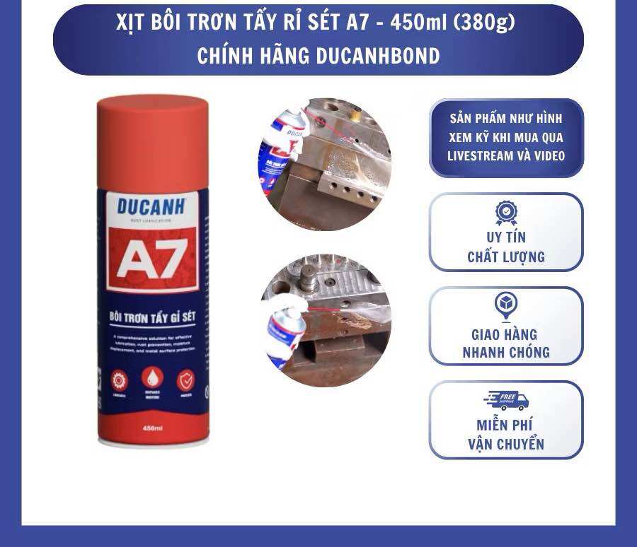 Xịt bôi trơn rỉ sét A7 - 450ml (380g) hàng chính hãng Ducanhbond, bình xịt loại bỏ rỉ sét, chống gỉ, tăng độ sáng bóng