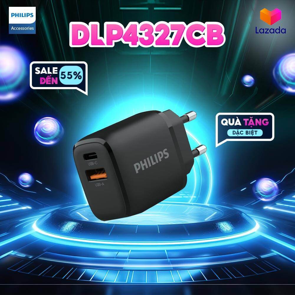 Củ sạc philips dlp4327, 2 cổng: 1 usb-a 18w + 1 usb-c hỗ trợ sạc nhanh pd 25w