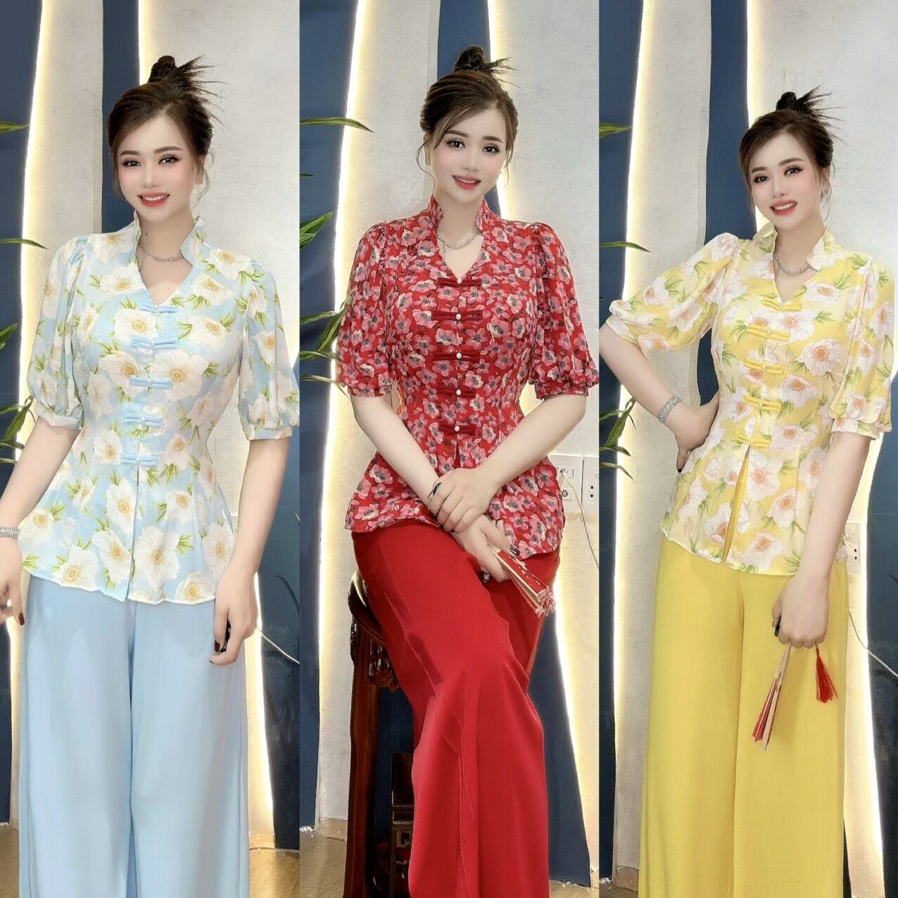 Bộ bà ba cổ tim tay phồng