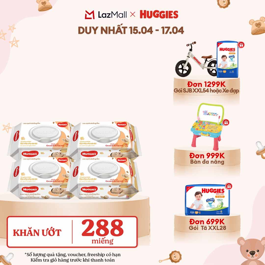 [CHỈ 18-24.04 GIẢM THÊM 90K] Combo 4 gói Khăn giấy ướt cho trẻ sơ sinh HUGGIES (Gói 72 tờ)-Chiết xuất Cao cao  Bơ hạt mỡ