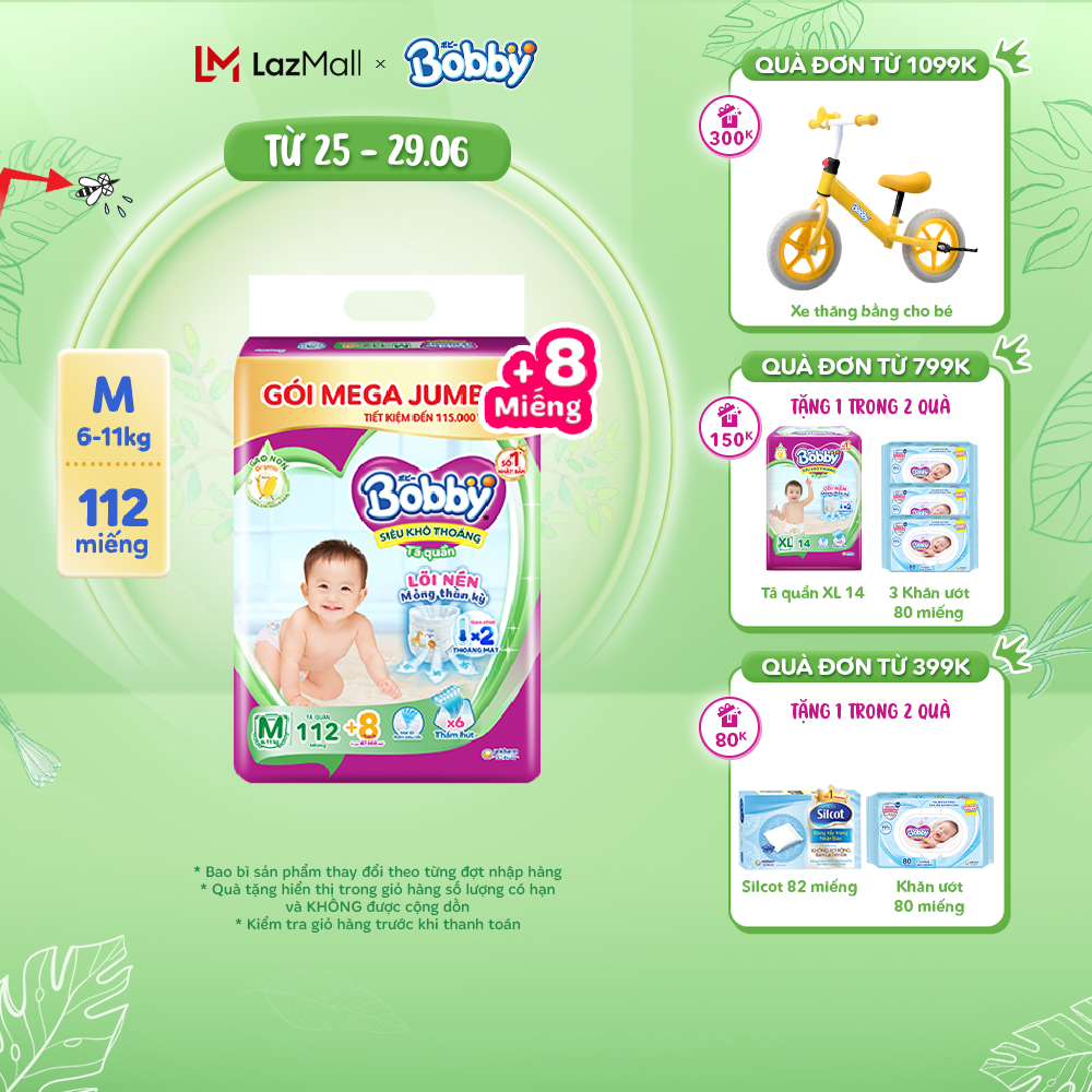 [Tặng thêm 8 miếng] Tã/bỉm quần Bobby Mega Jumbo 3mm Gạo non M112/L96/XL84/XXL76