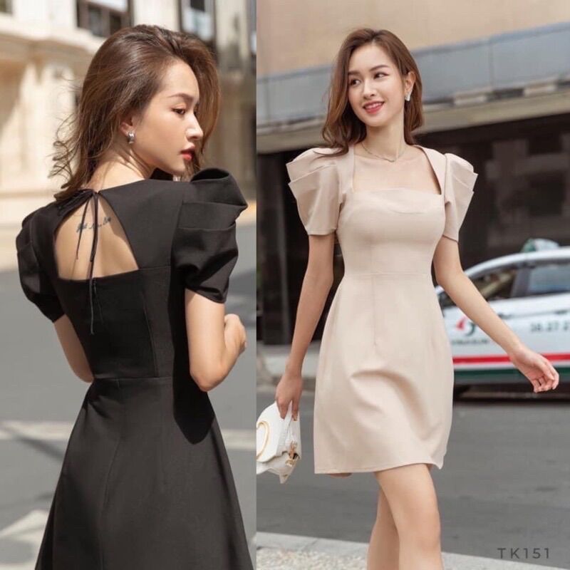 Đầm cổ vuông tay bồng lưng cột nơ 2 lớp Rosie dress