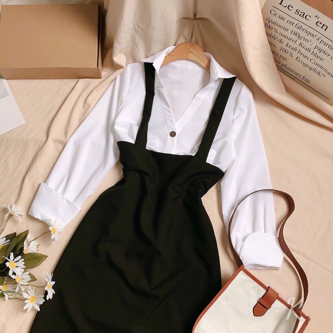 Set yếm body đen kèm sơ mi trắng BG