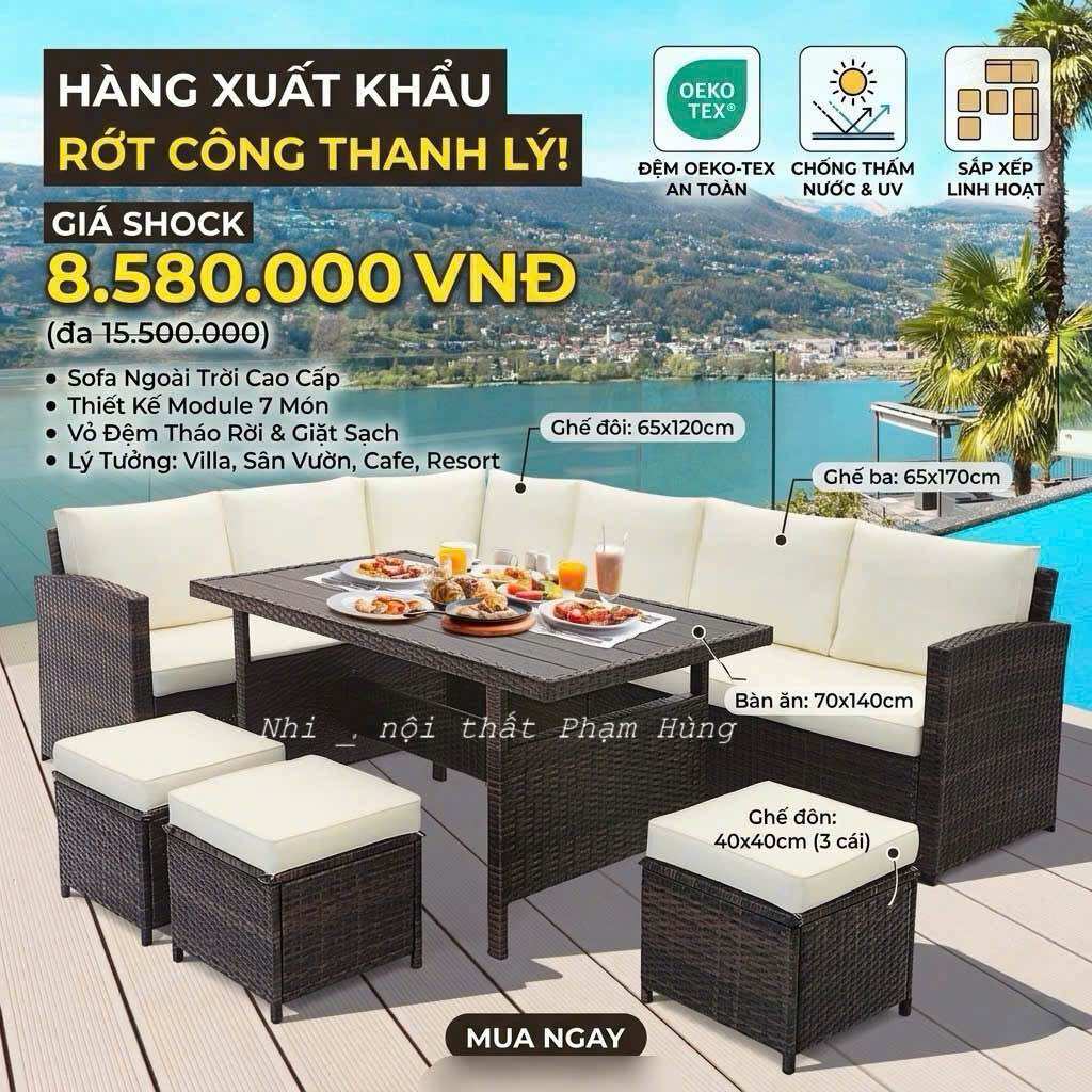 Bộ bàn ghế ngoài trời 7 món từ mây nhựa, giá 8.580.000 VND, phù hợp cho villa, sân vườn, cafe, resort.