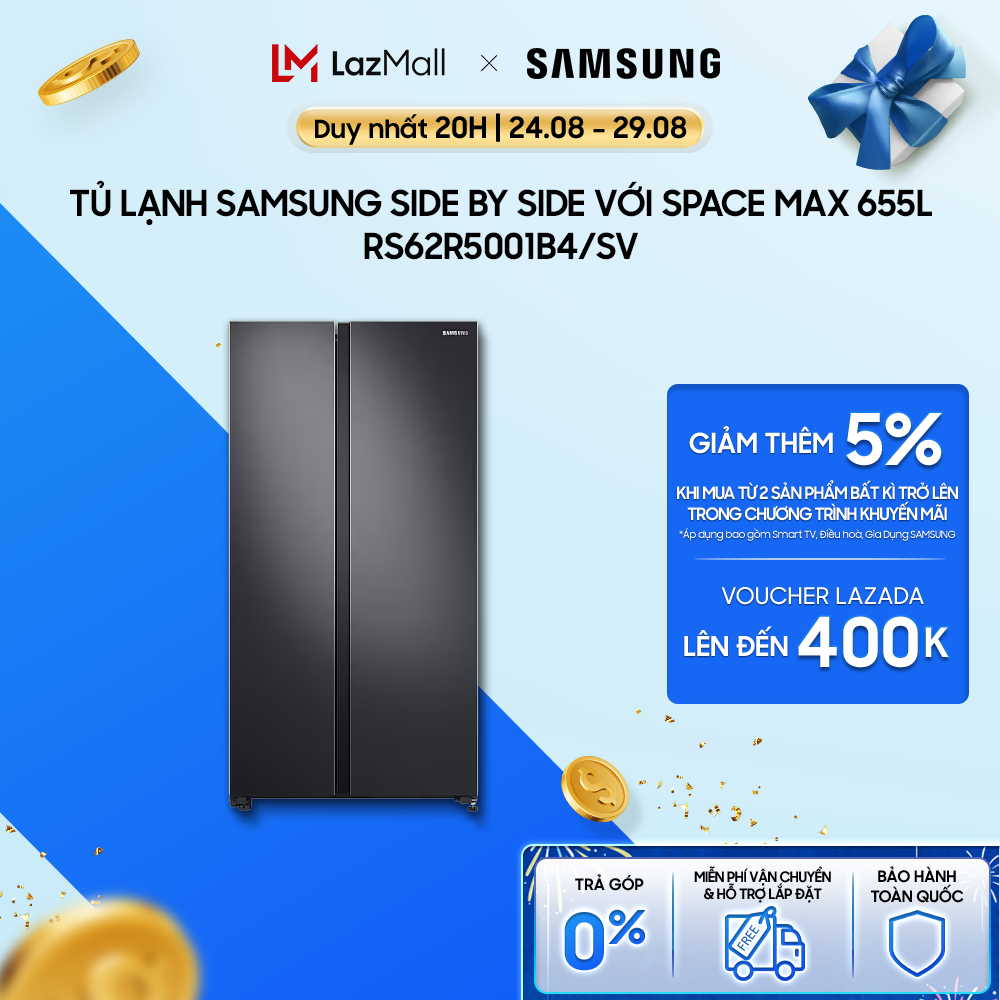 Tủ Lạnh Samsung Side by Side với SpaceMax 655L màu Đen RS62R5001B4/SV
