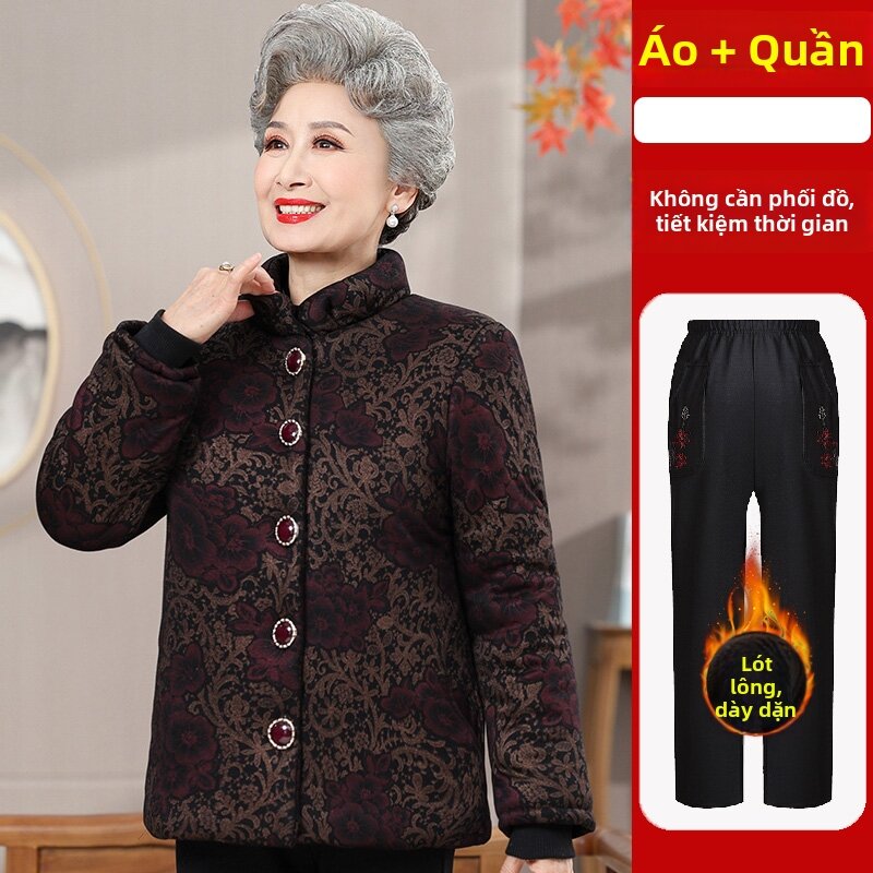 Áo Khoác Cotton Dày Có Cổ Đứng Cho Bà Ngoại Mùa Đông Áo Khoác Ngoài Cotton Cài Nút Dáng Rộng Dài Thư