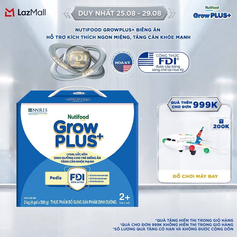 Sữa Bột Nutifood GrowPLUS+ Biếng Ăn (Xanh) 2+ - Hỗ Trợ Kích Thích Ngon Miệng, Tăng Cân Khỏe Mạnh (Hộp 2 Kg)