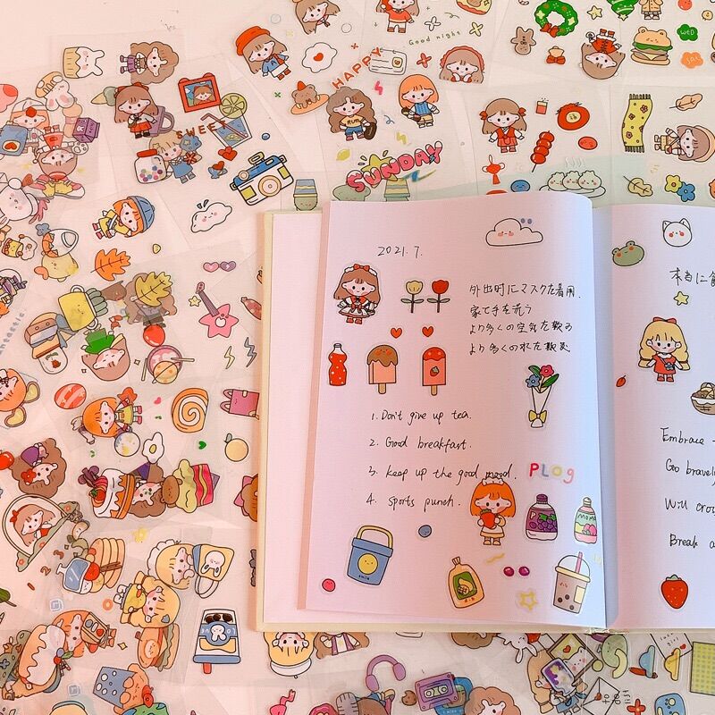 Set 25 tấm sticker nhãn dán hoạt hình cô gái đáng yêu chất liệu nhựa PVC Miêu House