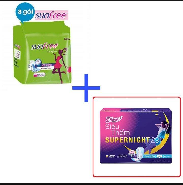 8 gói băng vệ sinh Sunfree có cánh +4 miếng Diana Supernight đêm 29cm