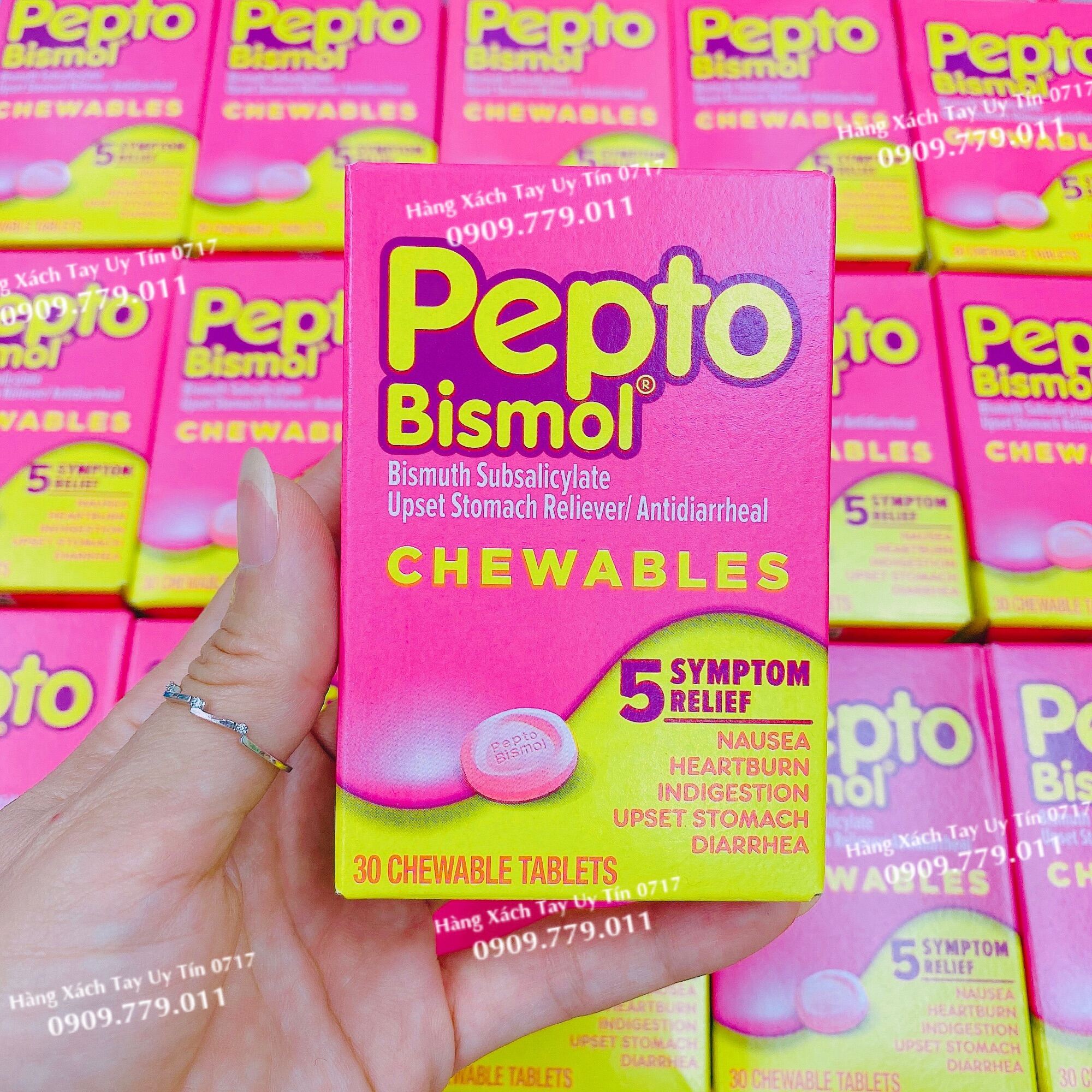 Hộp 30 viên nhai hỗ trợ tiêu hóa Pepto bismol upset stomach reliever