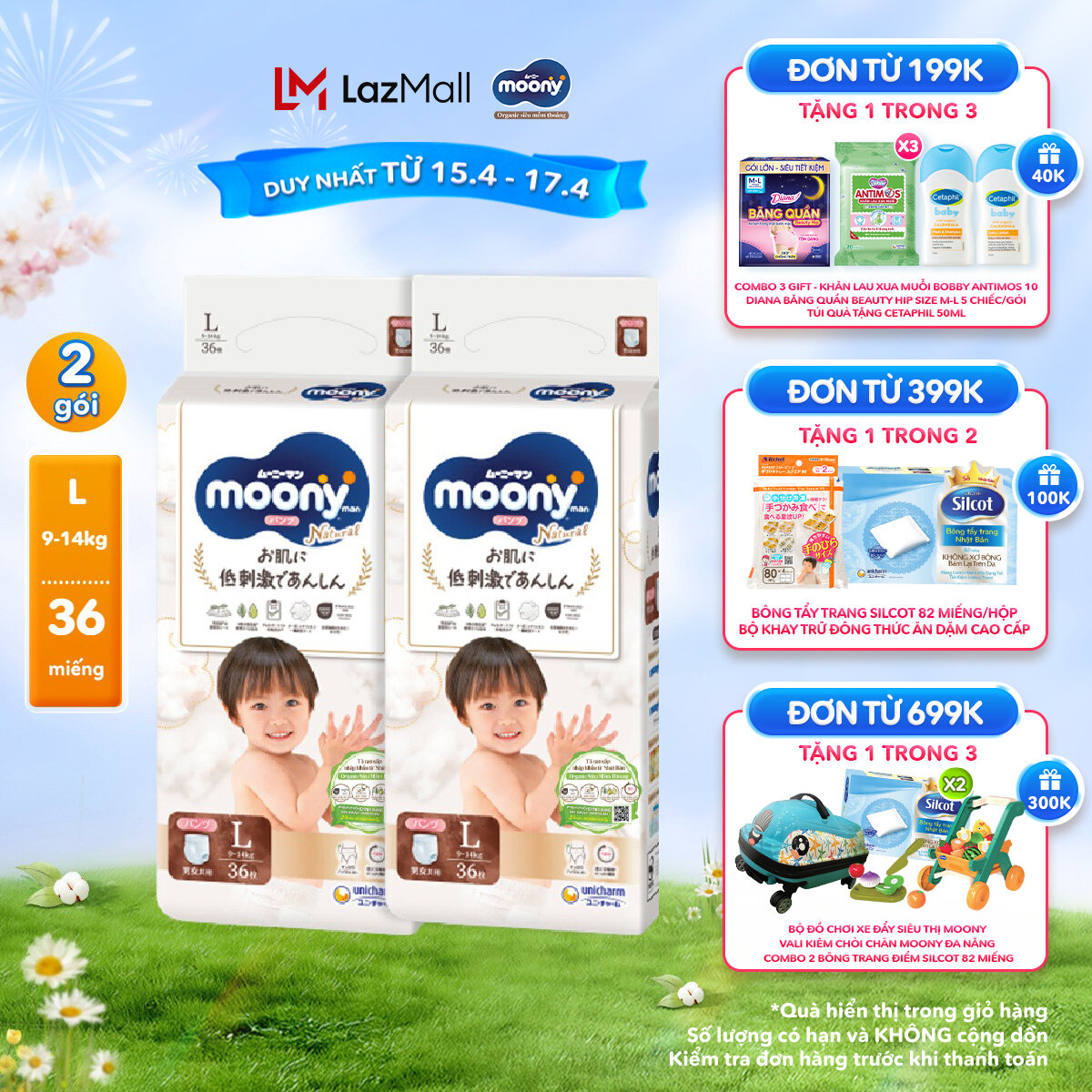 Combo 2 Tã/Bỉm quần organic siêu cao cấp Moony Natural M46/L36/XL32