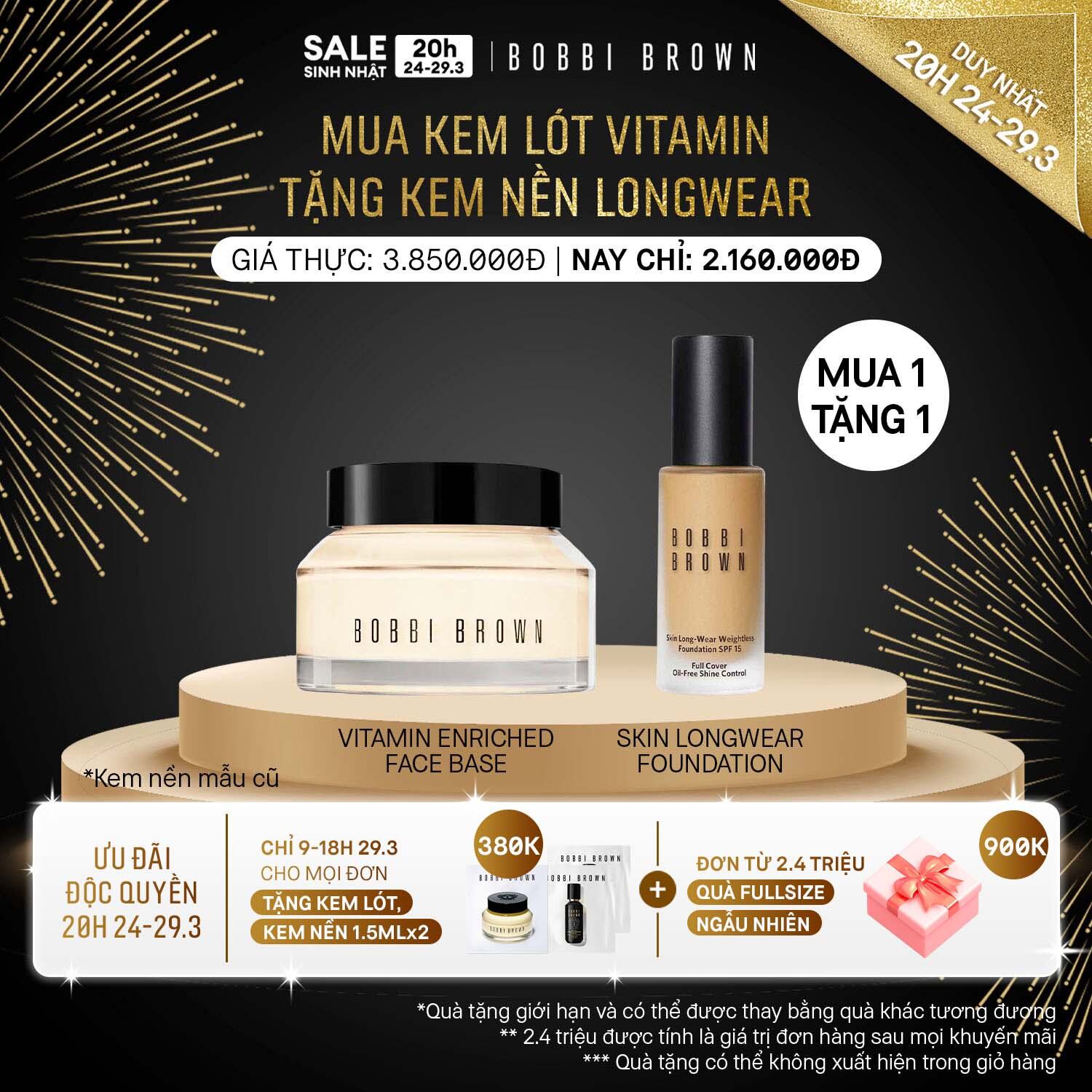 [ĐỘC QUYỀN 20H 24-29.3] Bobbi Brown - Bộ 2 món: Kem Nền Bobbi Brown Skin Long Wear Weightless Foundation SPF 15 - 30ml, Kem lót dưỡng da Vitamin Enriched Face Base