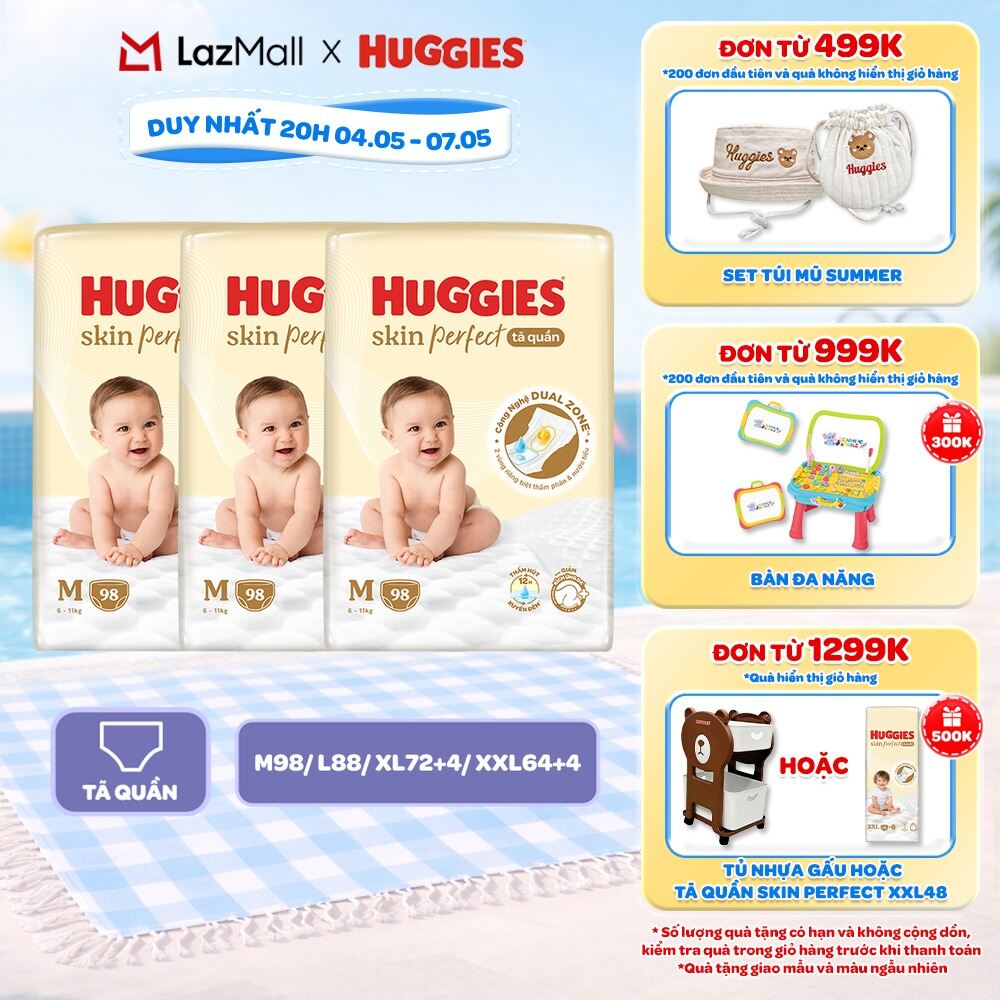 Combo 3 gói Tã quần Huggies Skin Perfect Mega Jumbo M98/L88/XL72+4/XXL64+4 miếng với 2 vùng thấm giảm kích ứng da