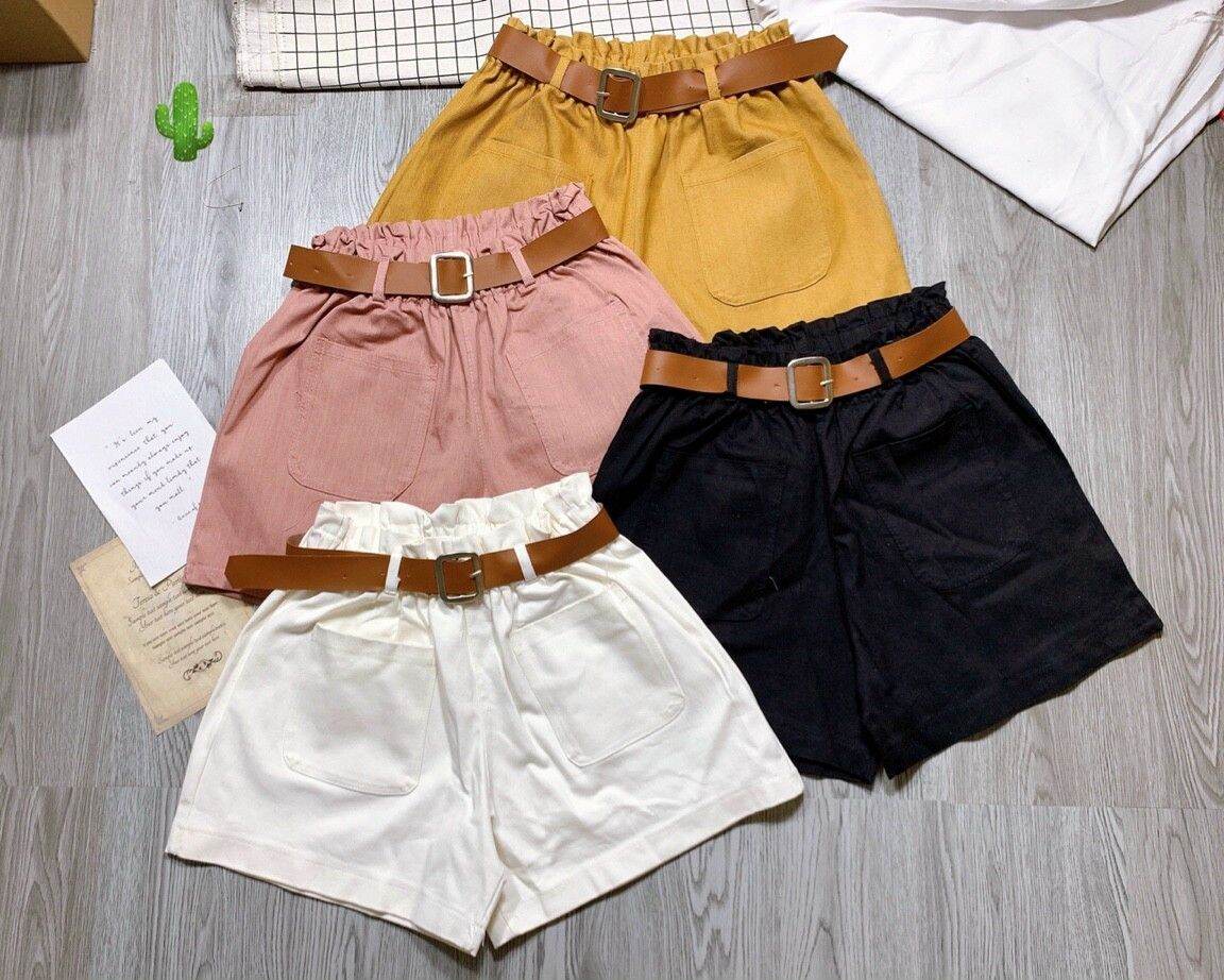 Quần short kiểu tặng kèm nịt quần short nữ vải kaki quần short lưng thun ống to đáy ngắn form 50kg