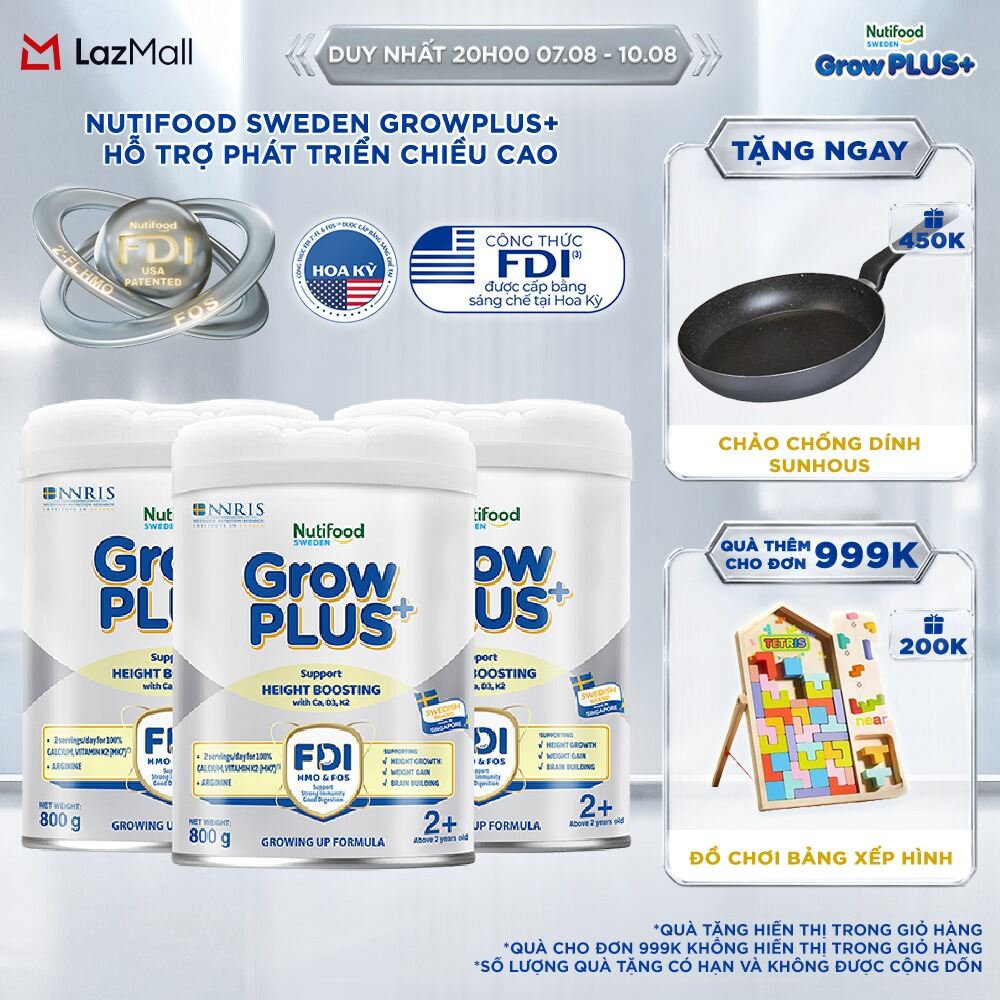 Combo 3 Sữa Bột Nutifood Sweden GrowPLUS+ Cao lớn vượt trội - Hỗ trợ phát triển chiều cao trên 2 tuổi (Bạc) 800g